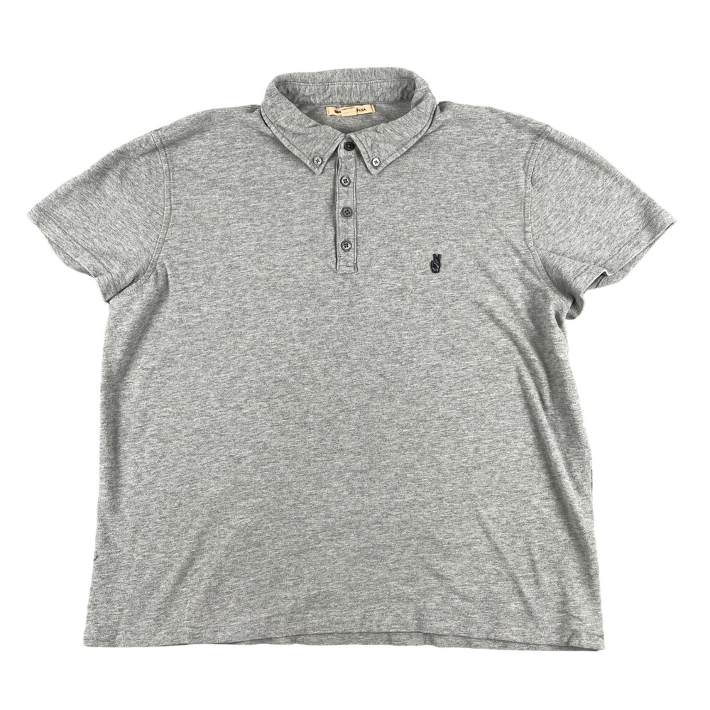 John Varvatos Polo Shirt Womens XL‎ Gray Short Sleeve Button Collar Peace Logo